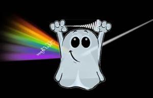 Ghost graphic with a ban of colors as seen in a rainbow